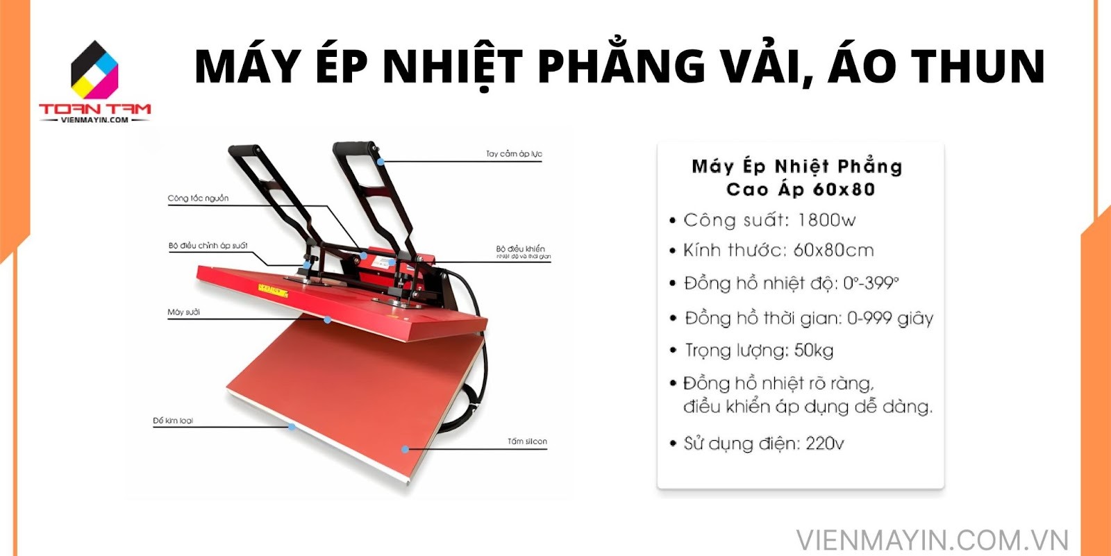 Máy ép nhiệt phẳng vải, áo thun 60x80cm uy tín