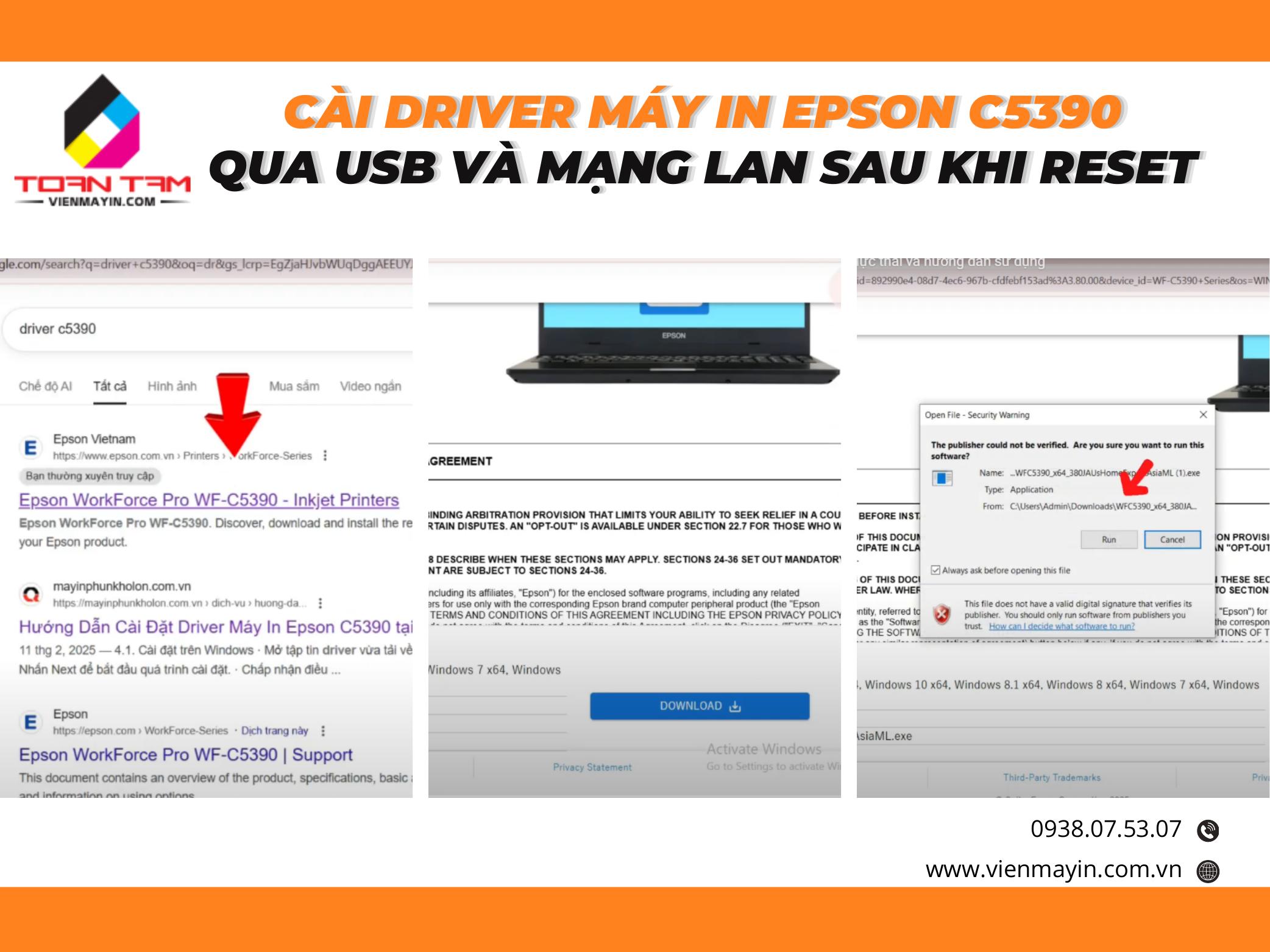 Cài Driver Trên Máy In Epson C5390 Qua USB Và Mạng LAN Sau Khi Reset
