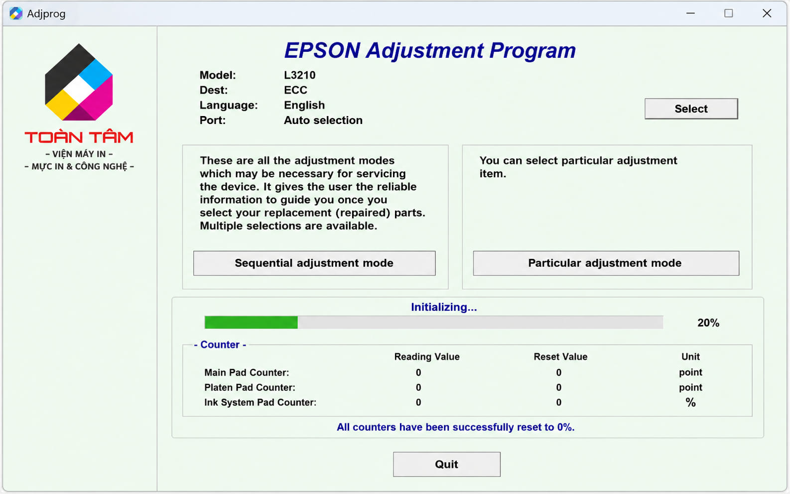 Hướng dẫn sử dụng phần mềm Adjprog để reset bộ đếm máy in Epson L3210.