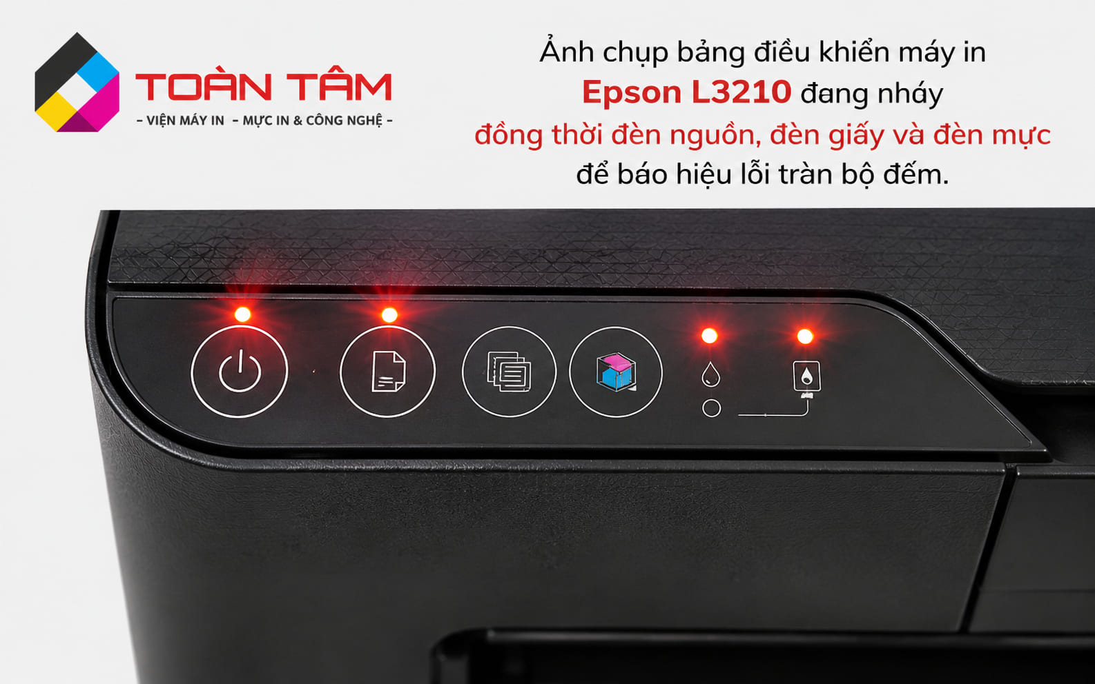 Lỗi 2 đèn đỏ chớp tắt trên máy in Epson L3210 báo hiệu cần reset bộ đếm mực thải.