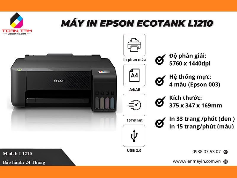 Epson EcoTank L1210 (Bền bỉ, Tiết kiệm điện năng)
