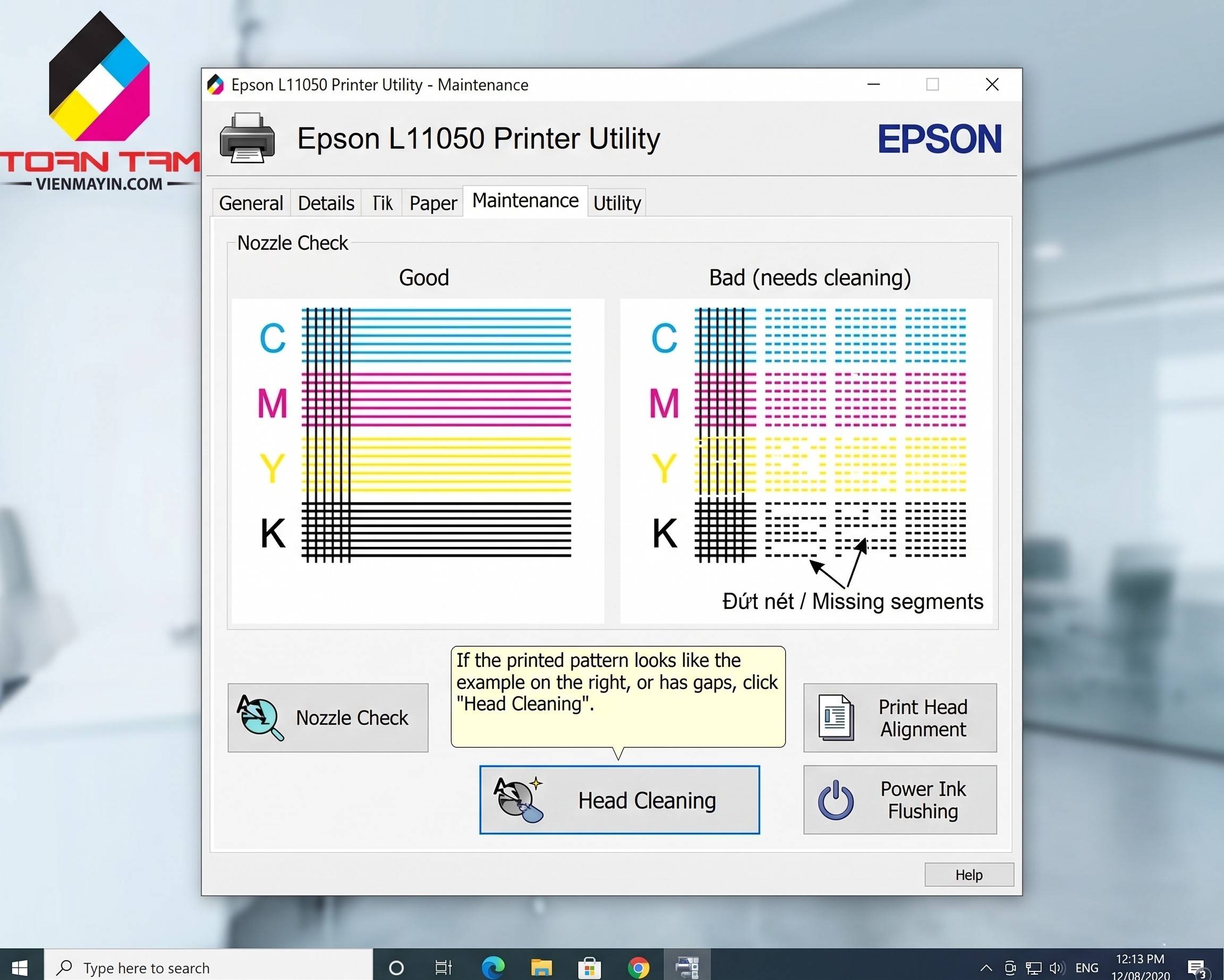 Hướng dẫn kiểm tra bảng lưới vòi phun và vệ sinh máy in epson l11050