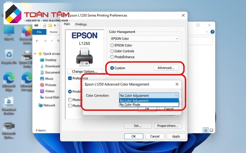 Giao diện thiết lập driver máy in Epson L1250 để sử dụng profile màu tùy chỉnh.