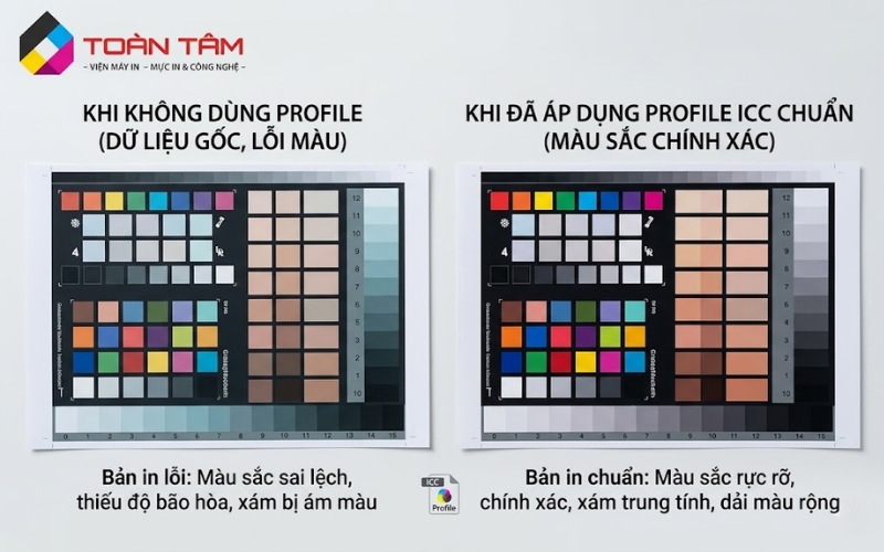 o sánh bảng màu in thực tế của Epson L1250 trước và sau khi đồng bộ ICC Profile.