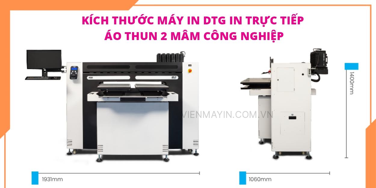 kích thước máy In DTG in trực tiếp áo thun 2 mâm công nghiệp