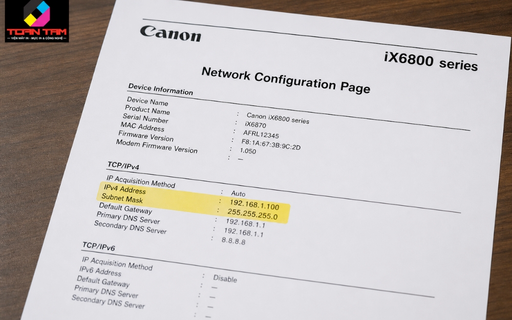 Bản in cấu hình mạng của Lỗi máy in canon 6870 không nhận wifi cần kiểm tra