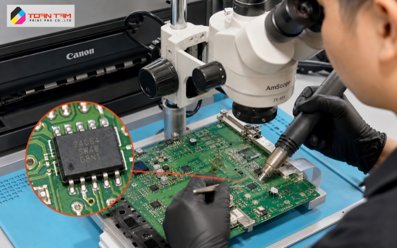 Thay thế IC EEPROM xử lý triệt để lỗi máy in canon 6770 bị khóa Service Mode.