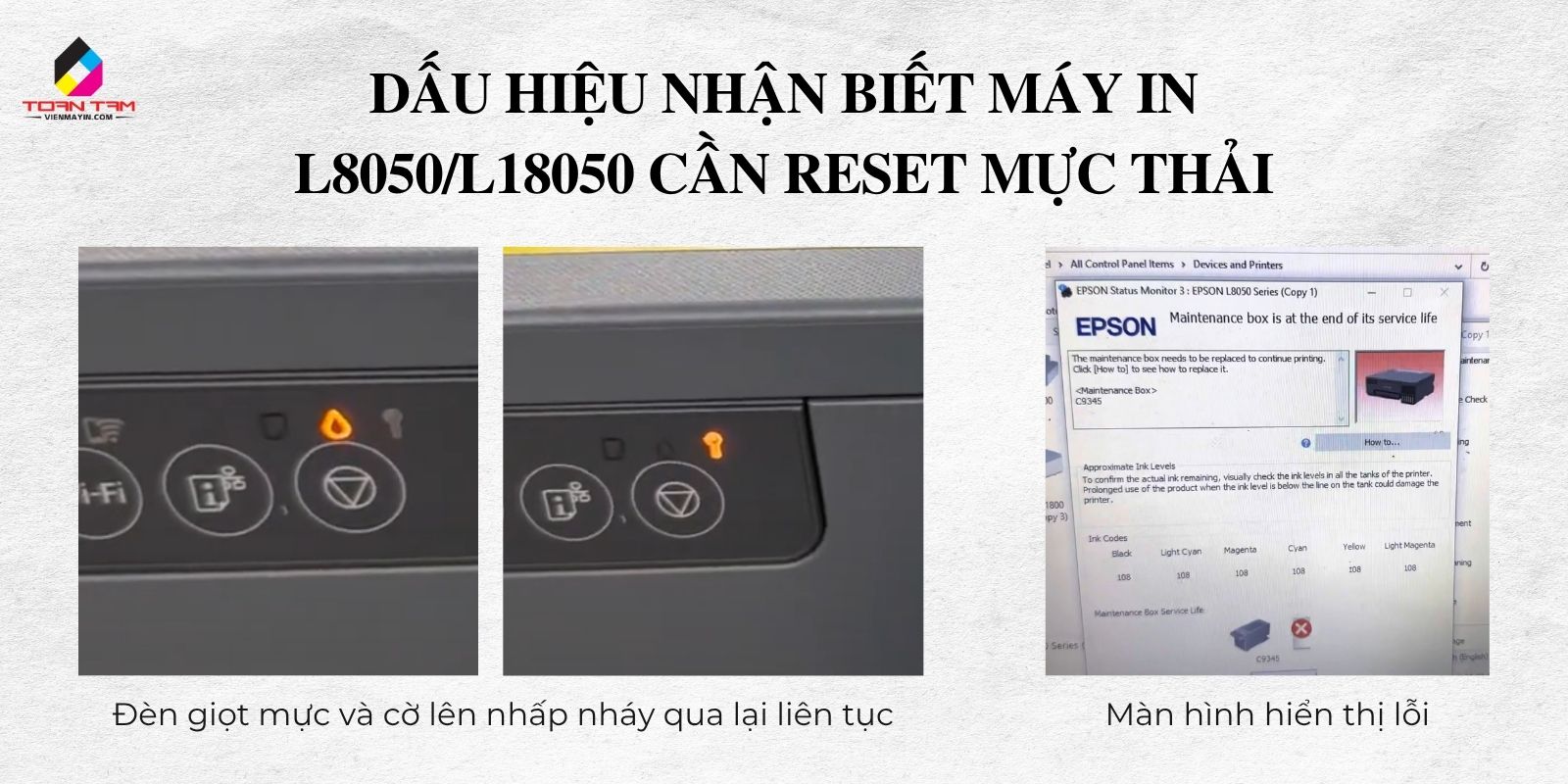 Dấu hiệu nhận biết cần reset mực thải máy in L8050, L18050