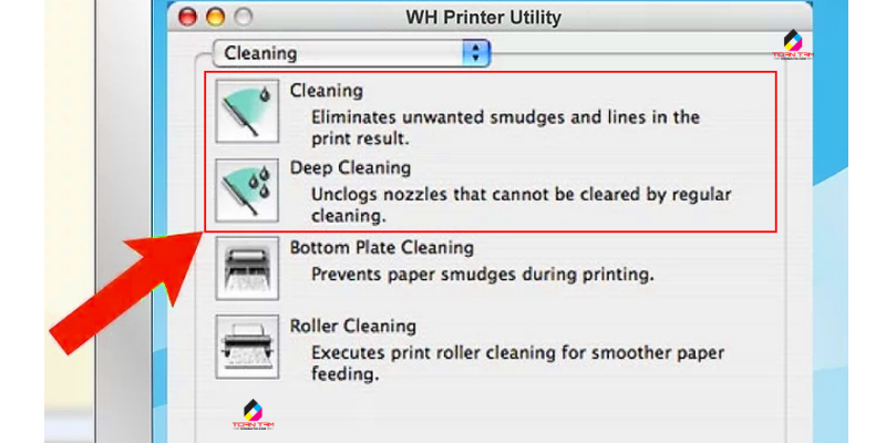 Chọn Head Cleaning hoặc Cartridge Cleaning (tùy dòng máy).