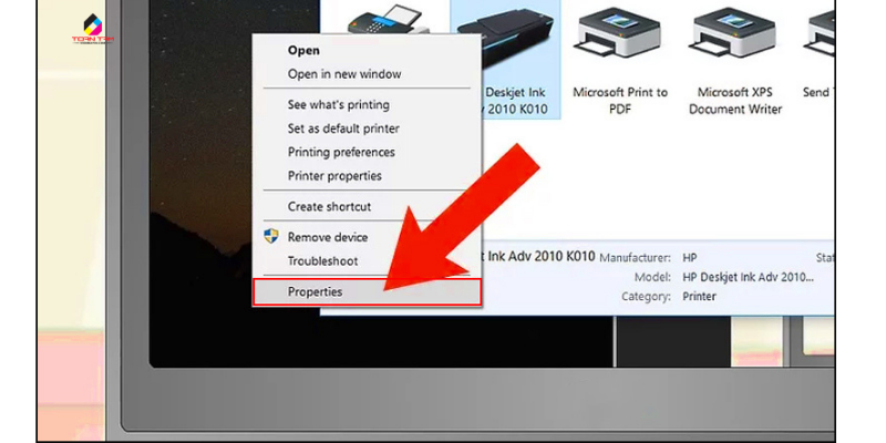 Nhấp chuột phải vào máy in cần vệ sinh, chọn Properties.