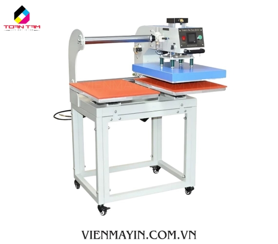 Máy Ép Nhiệt Phẳng 40x50 Khí Nén 2 Mâm Kéo Đầu